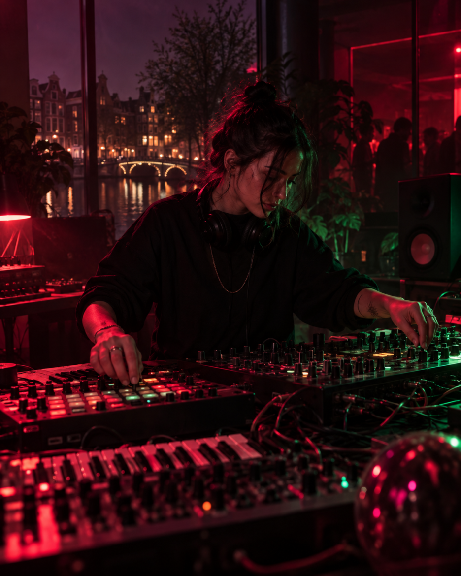 Editorial image of an electronic music producer working in a studio for the SoundCloud and ADE 2026 story