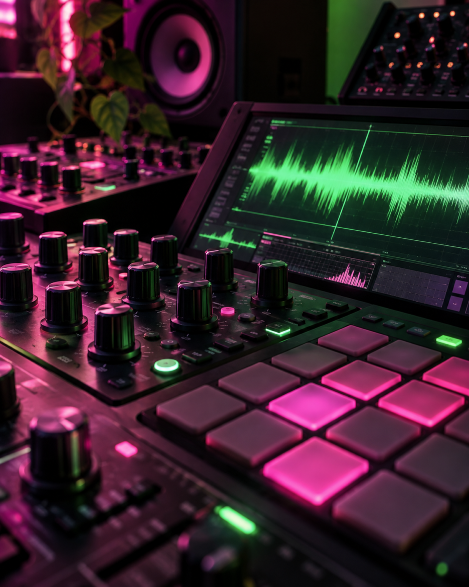 Electronic music waveform and studio equipment representing creator tools at ADE Lab On Track