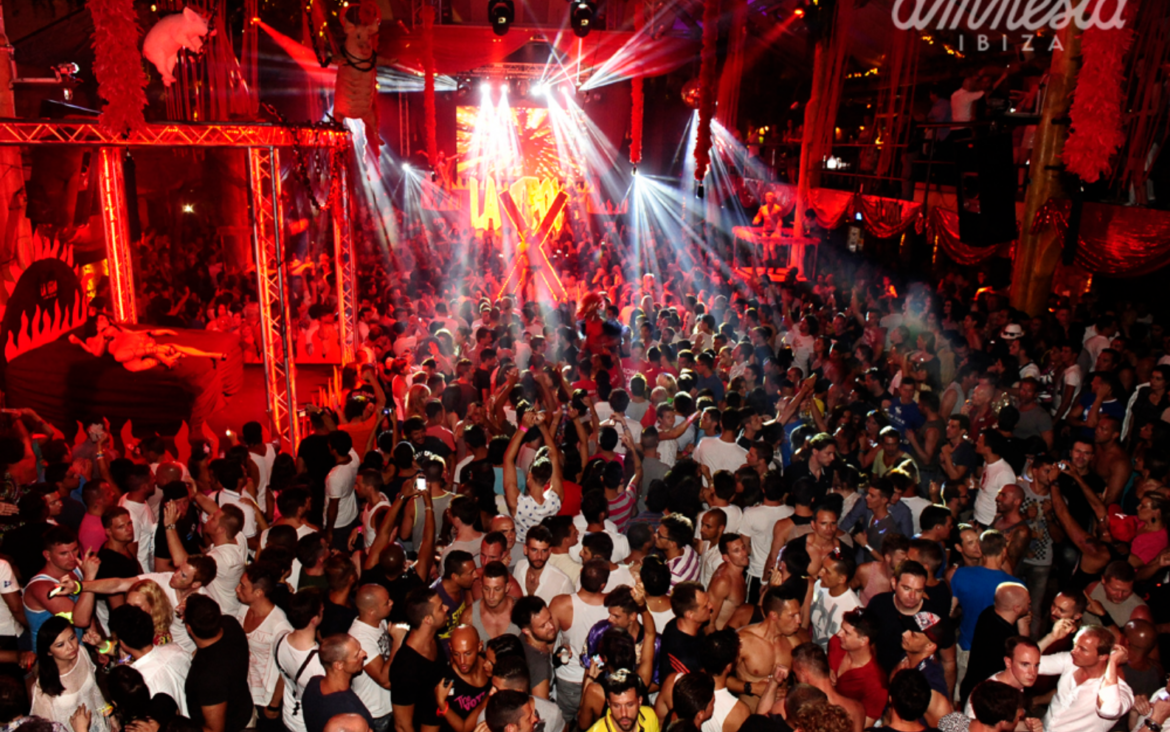 Crowd dancing at Amnesia during a La Troya night in July 2012.
