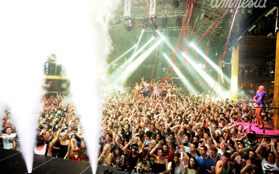 Crowd dancing at Amnesia during a Together party in July 2012.
